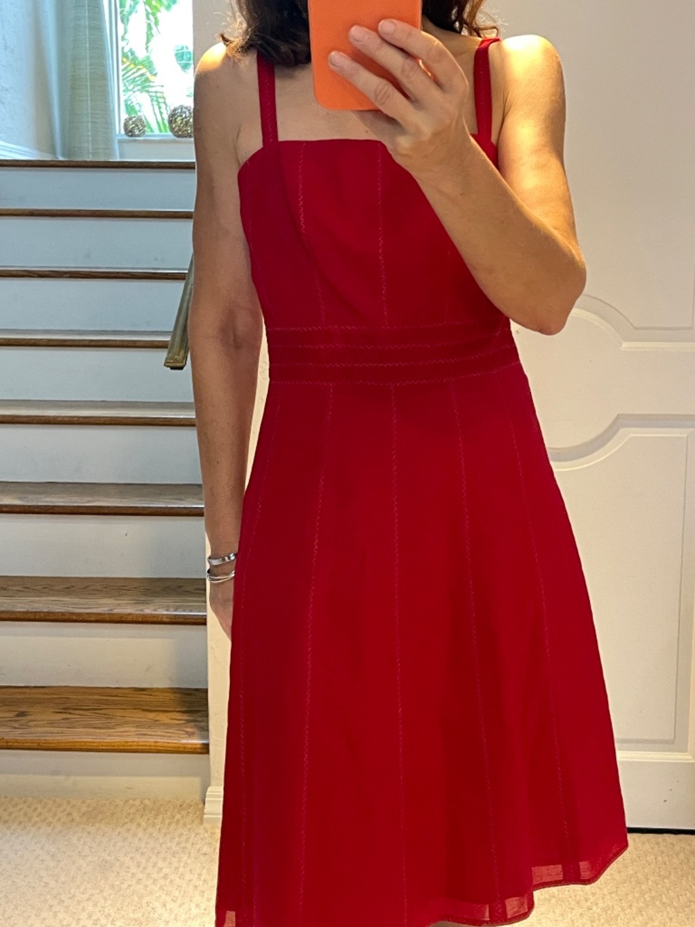 Ann Taylor deep red cotton embroidered red strappy summer A  line  dress women 2